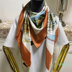 New style women's square scarf scarves good quality 100% twill silk material orange color pint letters flowers pattern size 1264W