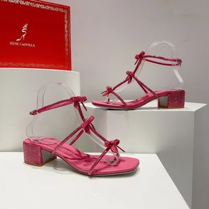 Rene Caovilla Bowtie Rhinestone Sandals Block Heel Ankle T-Tyied Leathole Sole Women's Partyイブニングドレスシューズラグジュアリーデザイナーヒールファクトリーフットウェア