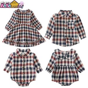 Grundlegende Freizeitkleider Bruder Schwester Mädchen Kinder Kleid Passende Kleidung 2023 Neue Gitter Langarm Jungen T-shirt Hemd Kinder Kleidung Baby Strampler LST230904