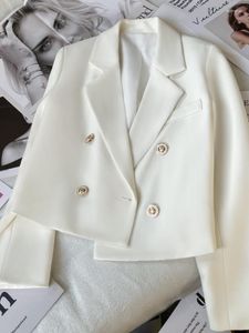 女性のスーツ女性ブレザーコートスタイルオフィスクロップドダブル胸肉ホワイトブレザーファッション韓国春の長袖ジャケット