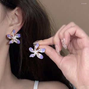 Studörhängen franska romantiska dubbla lager olje droppe lila blomma för kvinnors retro charm metall smycken tillbehör gåvor