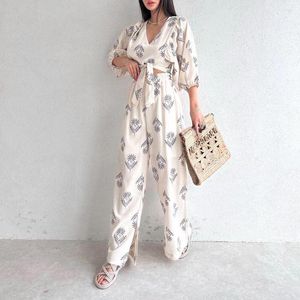Women's Two Piece Pants Casual Suit 2023 Summer V-Neck Temperament Printing Bubble Sleeve Top Ladies Two-Piece