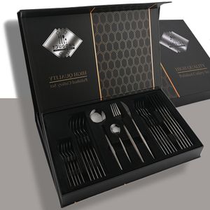 Geschirrsets Drmfiy 24P Besteck Edelstahl Set Messer Gabel Löffel Besteck Schwarz Geschirr Geschenkbox Geschirrspüler Küchengeschirr 230901