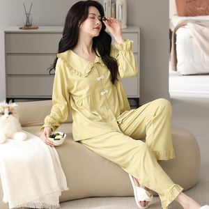 Damen-Nachtwäsche, große Größe M-4XL, gestrickte Baumwoll-Pyjama-Set, langärmelig, solide Pyjamas, weiblich, Tropfenform