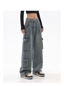 Kvinnors jeans 2023 Aestetiska baggy fickor tvättade lastbyxor casual streetwear hög midja blå byxor y2k harajuku amerikansk retro cyber 230901