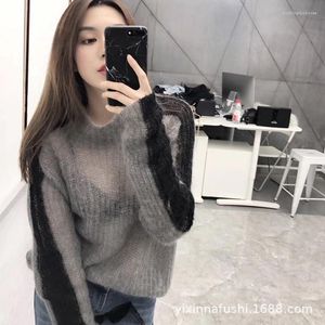 Kadınların Sweaters Tiftik Beltili Çizgili Plus Boyutu Uzun Kollu Örme Külot Kazak Sonbahar Kore Gri Şeffaf Harajuku Vintage