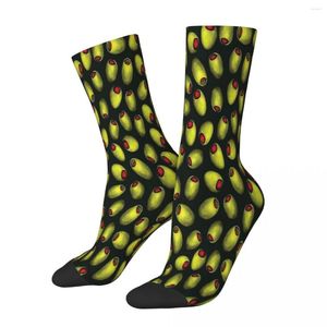 Herrensocken, grüne Oliven mit roten Pimentos, Neuheits-Lebensmittelmuster, männliche Herren- und Damen-Frühlingsstrümpfe, bedruckt