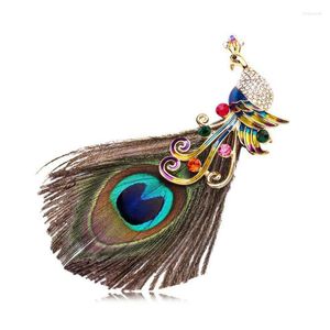 Broscher mode påfågelfjädrar för kvinnor djur strassemaljens lapel stift kappa sjal kors smycken tillbehör