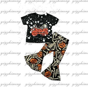 Clothing Sets Wholesale Halloween pumpkin flower sets for toddler girls pumpkin short sleeve flare pants outfits for kids fall clothing 230901