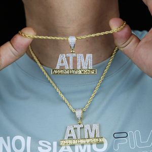 Colares Pingente Iced Out Bling Letras ATM Addicted To Money Pingente Colares Banhado A Ouro 5A Cubic Zircon Men's Hip Hop Rope Chain Jóias Presente 230901