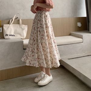 Etekler Vintage Floral Baskı Bir Çizgi Pileli Uzun Yaz Kadınlar 2023 Koreli Etek Sokak Giyim Çizme Elastik Bel Midi 230901