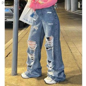 Damskie dżinsy Summer damskie dżinsy rozryte workowate szerokie spodnie na nogi vintage y2k myte harajuku hip hop streetwear żeńskie dżinsowe spodnie J26 Q230904