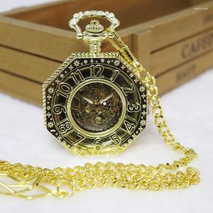 懐中時計10pcs/lot Steampunk Gold Hollowed Number Machical Watch Vintage Skeleton Men Gift with Chain