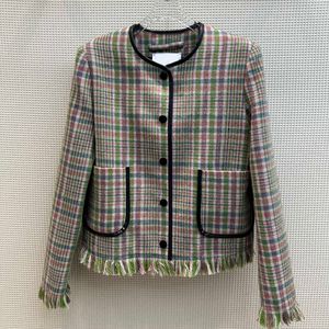 2023 Autumn Tassel Plaid kontrast trimjacka långärmad rund hals dubbla fickor enkelbröst jackor kappa korta outwear z3s010576