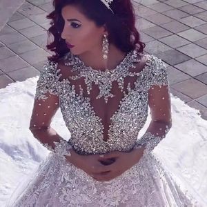 2023 Plus Size Arabisch Luxuriöse Perlenkristalle Brautkleider High Neck Mermaid Brautkleider Sheer Neck Brautkleider Afrikanische Sexy elegante Bling Long Sleeves
