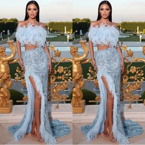 Sexy Light Blue Sequins Prom Dresses Ostrich Feather 2023 Two Pieces Strapless Mermaid Evening Gowns Custom Made High Split Special Ocn Dress 322