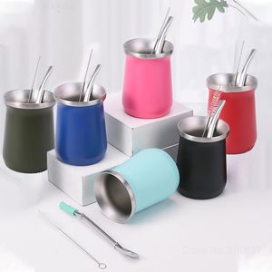 Tea Cups 8oz Yerba Mate Cup with Straw Cleaning Brush Double Wall 304 Stainless Steel Cold Beer Vacuum Mug Set Wine Flask Tumbler 230901