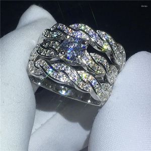 Klusterringar Löfte Ring 3-i-1 Cross White Gold Filled Engagement Wedding Band för Women Men Zircon CZ Finger Jewelry