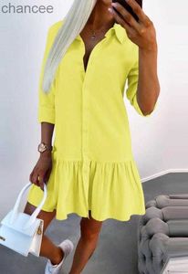 Grundläggande avslappnade klänningar ruffle Hem Shirt Dress for Woman Summer New Casual Button Ruched Design Långärmad fast färg Turn-down-krage En linjekjolar LST230904