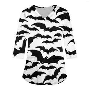 Women's T Shirts Loose V Neck Pocket Halloween Print Three Quarter Sleeve Workwear Top Costume For Women Blusa De Mujer