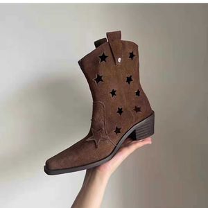 Western Boots Women's Autumn New Pointed Thick Heel Denim Martin Hollow Out Star Brodery Chimney Short 230830