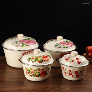 Tigelas vintage esmalte tigela de frutas engrossado grande capacidade retro sobremesa prato com tampa pote de sopa cozinha geladeira recipiente