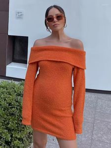 Casual Dresses PUWD Women Fashion Orange Large Lapel Mini Knit Dress 2023 Spring Vintage Long Sleeve Female Vestidos Mujer