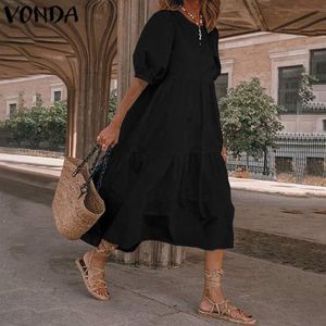 여름 드레스 빈티지 섹시한 랜턴 슬리브 미드 송아지 드레스 Vonda 2020 여성의 Sundress 캐주얼 보헤미안 비치 멍청이 PL295H