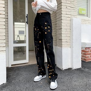 Jeans para mujer Varofi Personalidad Plus Tamaño Pierna recta High Street Loose Fried Splash-ink Pantalones anchos para mujeres
