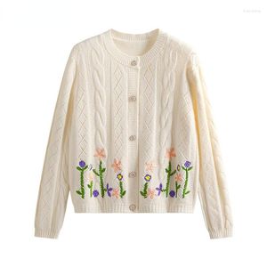 Women's Knits Vintage Knitted Cardigan Jacket Autumn Loose Sweater Coat Solid Casual Ladies Embroidered Flowers Outwear F27