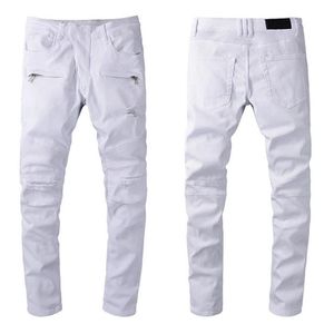 Designer Luxury Mens Jeans Brand Washed Design White Slim-Ben Denim Pants Lightweight Stretch Skinny Motorcycle Biker Jean Trouser213p