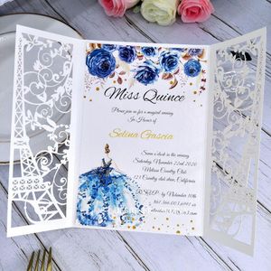 Cream Paris Tower Laser Cut Pocket Wedding Invitations DIY Printable Invitation for Quinceanera XV Birthday Dinner Invites ZZ