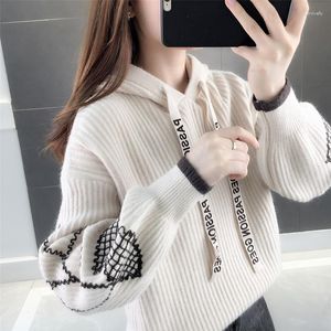 Women's Sweaters Ladies Jacquard Hooded Pullover Loose Outer Wear Fall/Winter 2023 Korean Lantern Sleeve Knit Sweater