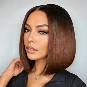 Short Bob Glueless 5x5 Lace Closure Wig Highlight Edges Brown Ready To Wear Human Hair HD Front Straight Preplucked Wigs