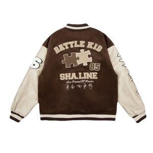 Men's Jackets High Street Baseball Jacket Men Women Brown Patchwork Letter Flocking Harajuku Coat Unisex Causal Bomber Varsity Outwear 230901