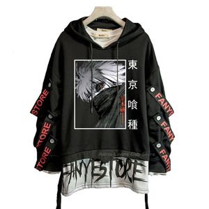 Herrtröjor tröjor män tröjor anime streetwear tröjor ribbons brev tryck pullover svart tokyo ghoul hoodies y2k lapptäcke tröjor 230901