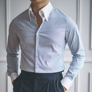 Herren-Freizeithemden, lässiges Streifenhemd, Retro-Hemdkleid, Camisa Masculina, soziale Kontrastfarbe, britischer Stil, Herren-Langarm-Streifenhemd 230901