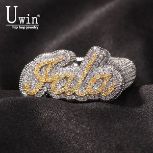 Fedi nuziali Uwin Anelli con nome personalizzato Carattere script Lusso Completo ghiacciato AAA Cubic Zirconia Hiphop Band Gioielli stile rapper personalizzati 230901