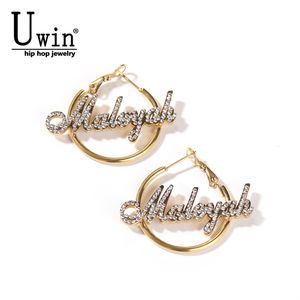 Серьги-кольца Huggie UWIN на заказ с кристаллами и именем 30–100 мм, ледяной камень, персонализированные серьги-кольца с буквами, модные женские украшения 230901