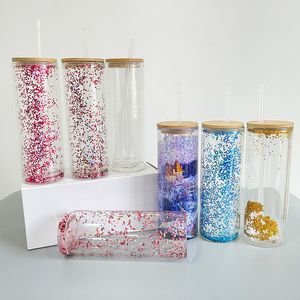 USA Warehouse 20oz Sublimation Skinny Straight Snow Globe Fit 3mm Glitter Double Wall Crystal Clear Glass Soda Coffee Water Cocktails Tumbler With Bamboo Lid