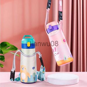 Cups Dishes Utensils 350ml Kids Stainless Steel Straw Thermos Mug With Case Cartoon LeakProof Vacuum Flask Children Thermal BPA Water Bottle x0904