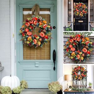 Andra evenemangsfestleveranser Autumn Peony Pumpkin Wreath Halloween Thanksgiving Wreath Fall Decor Festival Home Farmhouse Front Door Decor Garland Wholesale 230904