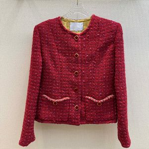 2023 Autumn Red Solid Color Panelled Tweed Jacket Long Sleeve Round Neck Double Pockets Single-Breasted Jackets Coat Short Outwear Z3S010618