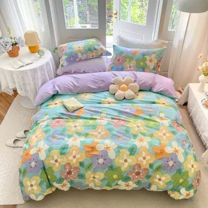 100％ピュアコットン4ピースベッドシート、羽毛布団カバー、枕カバー、プリントされた柔らかく快適な純粋な綿素材、寝具、さまざまな色、フラワークラスター