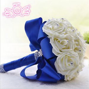 Konstgjorda bröllop buketter nya 16 handgjorda elfenbensblommor Royal Blue Ribbon Wedding Jubileum Bukett för brudar 18-20cm3225