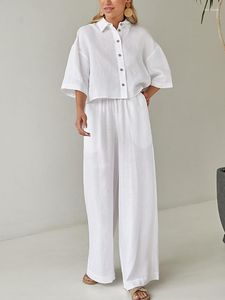 Mulheres sleepwear hiloc branco solto algodão single-breasted musselina terno para mulheres definir manga de três quartos em conjuntos de correspondência