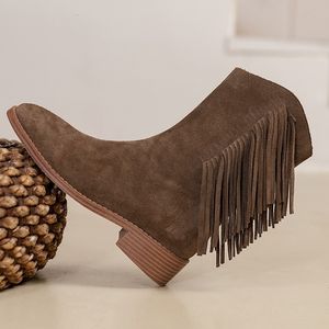 Boots Shoes for Women Winter Boots Fringe Cowboy Gothic Designer Round Toe Chunky Elegant Woman with Low Heels in 230901