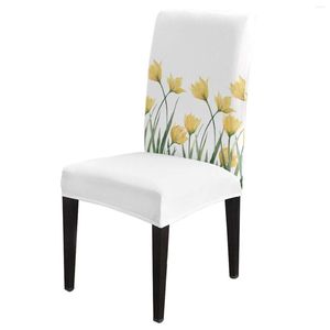 Chair Covers Yellow Tulip Flower White Dining Cover 4/6/8PCS Spandex Elastic Slipcover Case For Wedding El Banquet Room