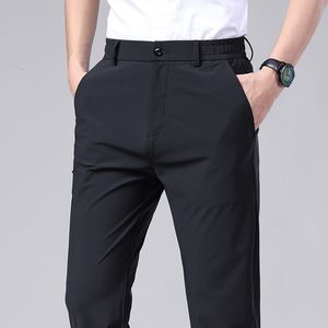 Calças masculinas verão casual homens fino negócio estiramento magro cintura elástica jogger coreano clássico preto cinza azul calças masculino 230904