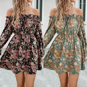 Casual Dresses Sexy Off Shoulder Long Sleeve Pleated Mini Dress Women 2023 Autumn Loose Bohemian Print Party For Robe Femme